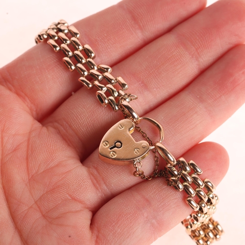 1177 - An Antique 9ct rose gold gatelink bracelet, with 9ct heart padlock clasp, maker DB, Birmingham 1908,... 