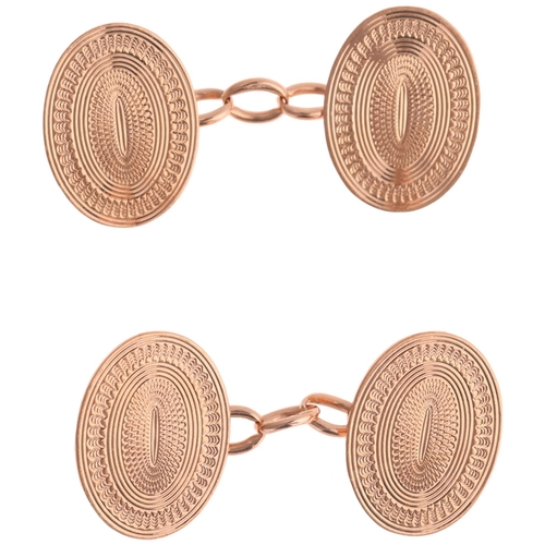 1178 - CROPP & FARR - a pair of Art Deco 9ct rose gold oval cufflinks, maker C&F, Birmingham 1921, engine t... 