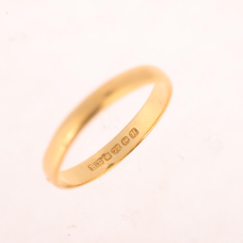 1185 - A 22ct gold wedding band ring, maker HS, Birmingham 1957, band width 2.7mm, size M, 2g