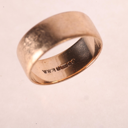 1191 - A 9ct rose gold wedding band ring, maker WW Ltd, London 1973, band width 9.1mm, size X, 7.2g