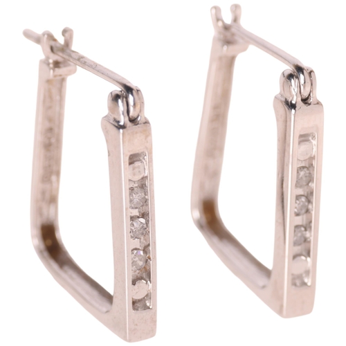 1192 - A pair of 9ct white gold diamond square hoop earrings, maker ZRW, with French lock fittings, 16.7mm,... 