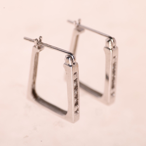 1192 - A pair of 9ct white gold diamond square hoop earrings, maker ZRW, with French lock fittings, 16.7mm,... 