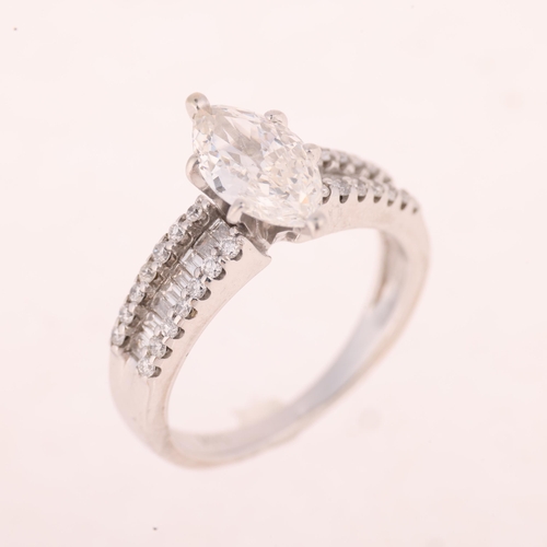 1193 - A 14ct white gold 1.1ct laser drilled single stone diamond ring, centrally set with 1.1ct marquise-c... 