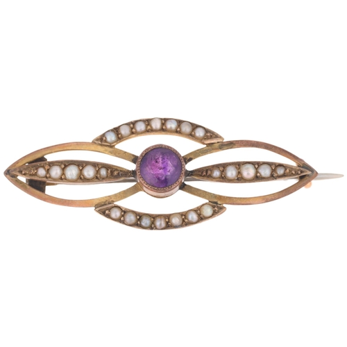 1194 - An Art Nouveau Edwardian 9ct rose gold amethyst and pearl openwork brooch, 38.3mm, 2.5g