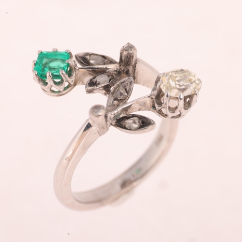 1195 - An 18ct white gold emerald and diamond crossover ring, floral design set with 0.5ct oval old-cut dia... 