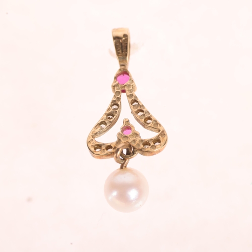 1196 - A 9ct gold ruby pearl and diamond openwork pendant, maker LD Ltd, Birmingham 1988, in the Art Nouvea... 