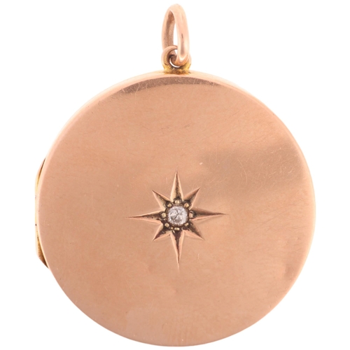 1201 - An Antique 9ct rose gold diamond locket pendant, indistinct hallmarks, star set with 0.05ct old-cut ... 