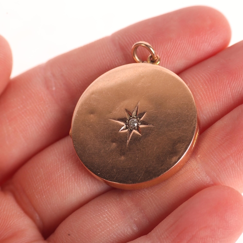 1201 - An Antique 9ct rose gold diamond locket pendant, indistinct hallmarks, star set with 0.05ct old-cut ... 