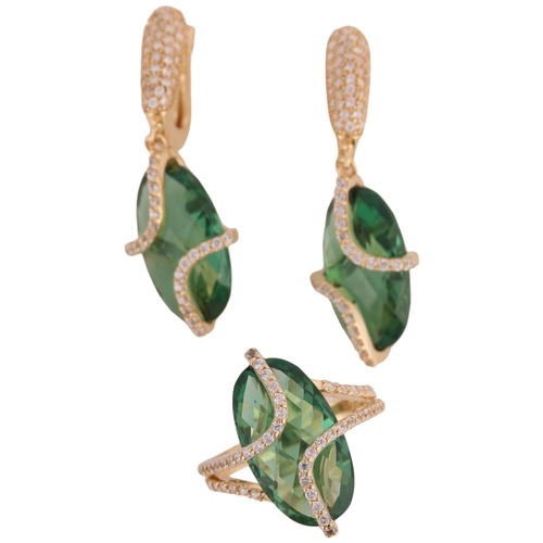 1202 - A 14ct gold green quartz and cubic zirconia ring and earring set, maker FF, ring setting height 20.8... 