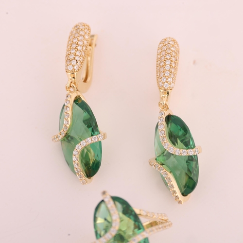 1202 - A 14ct gold green quartz and cubic zirconia ring and earring set, maker FF, ring setting height 20.8... 