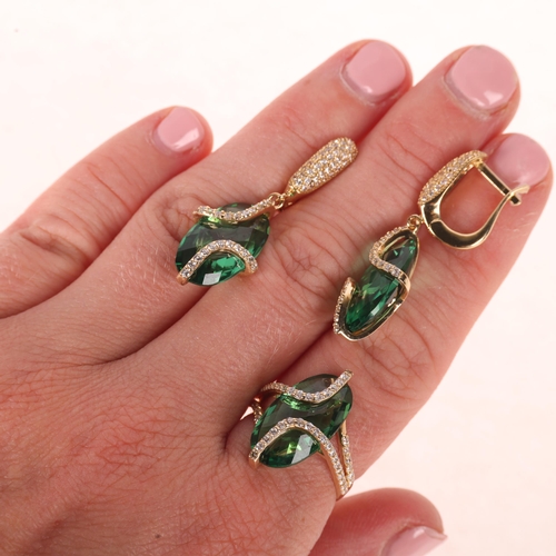 1202 - A 14ct gold green quartz and cubic zirconia ring and earring set, maker FF, ring setting height 20.8... 