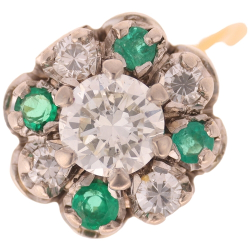 1203 - An 18ct gold emerald and diamond flowerhead cluster ring, set with round-cut emeralds and modern rou... 