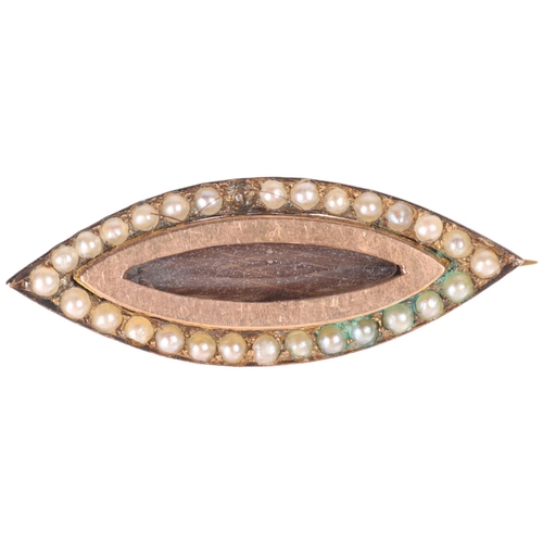 1205 - A Georgian split pearl marquise mourning brooch, 27.1mm, 3.5g