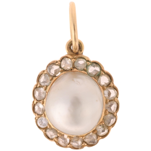 1208 - A 14ct gold whole pearl and diamond cluster pendant, set with 9.7mm pearl surrounded by rose-cut dia... 