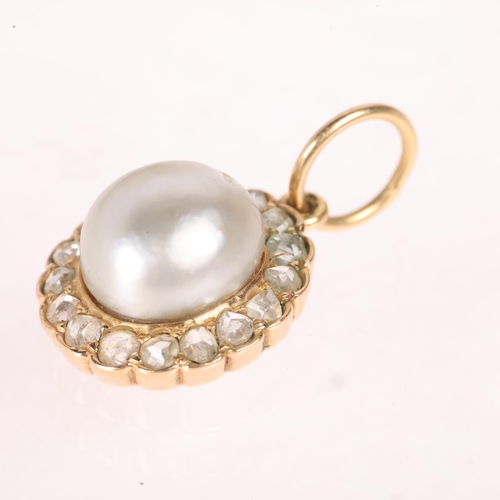 1208 - A 14ct gold whole pearl and diamond cluster pendant, set with 9.7mm pearl surrounded by rose-cut dia... 