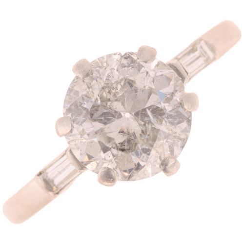 1212 - A platinum 1.6ct single stone diamond ring, claw set with 1.6ct modern round brilliant-cut diamond, ... 