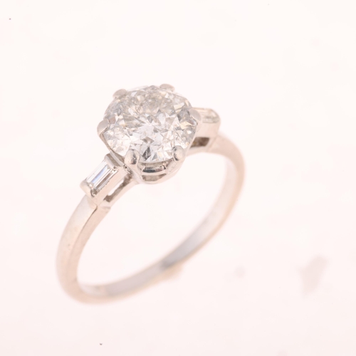 1212 - A platinum 1.6ct single stone diamond ring, claw set with 1.6ct modern round brilliant-cut diamond, ... 