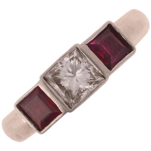 1215 - A platinum three stone ruby and diamond ring, rub-over set with 0.7ct Princess-cut diamond, colour a... 