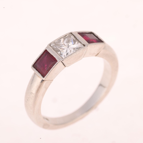 1215 - A platinum three stone ruby and diamond ring, rub-over set with 0.7ct Princess-cut diamond, colour a... 
