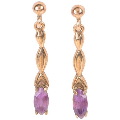 1216 - A pair of 9ct gold amethyst drop earrings, set with marquise-cut amethysts and stud fittings, 22.6mm... 