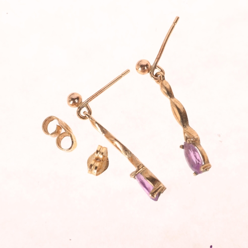 1216 - A pair of 9ct gold amethyst drop earrings, set with marquise-cut amethysts and stud fittings, 22.6mm... 