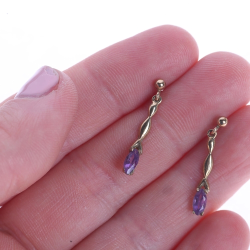 1216 - A pair of 9ct gold amethyst drop earrings, set with marquise-cut amethysts and stud fittings, 22.6mm... 