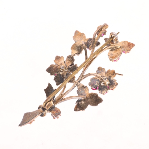 1220 - A silver-gilt ruby floral spray brooch, unmarked mount tests as silver, 50.7mm, 6.8g