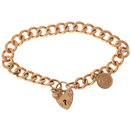 1222 - A 9ct gold solid curb link chain bracelet, maker AWF, Birmingham 1996, with 9ct heart padlock clasp ... 