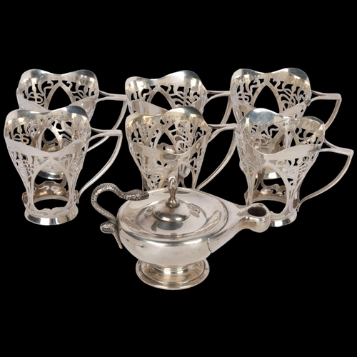 1545 - A set of 6 George V silver drinking tot holders, Sheffield 1912, 6cm, and a silver oil lamp, 6.5oz t... 