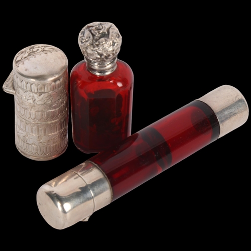 1546 - Various silver, including double-ended ruby glass scent bottle, 11cm, (3)