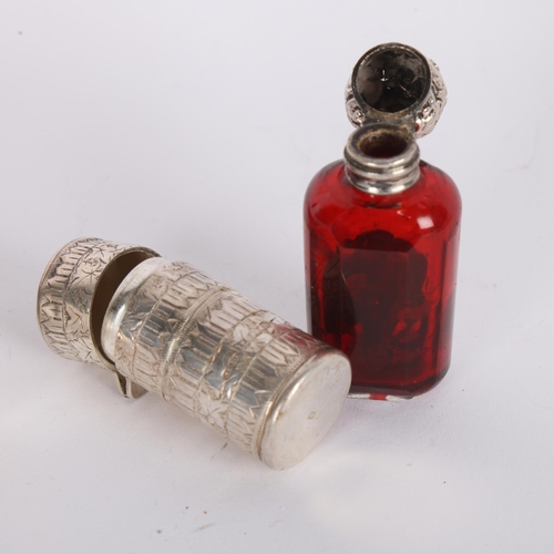 1546 - Various silver, including double-ended ruby glass scent bottle, 11cm, (3)