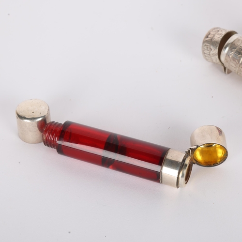 1546 - Various silver, including double-ended ruby glass scent bottle, 11cm, (3)