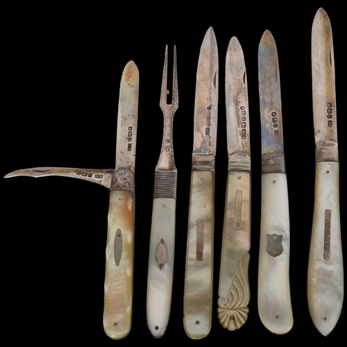 1547 - 6 Antique mother of pearl handled silver fruit knives and forks, including combination example, larg... 