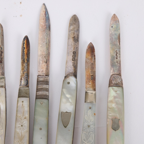 1548 - 8 Antique mother of pearl handled silver fruit knives, largest extended 13cm