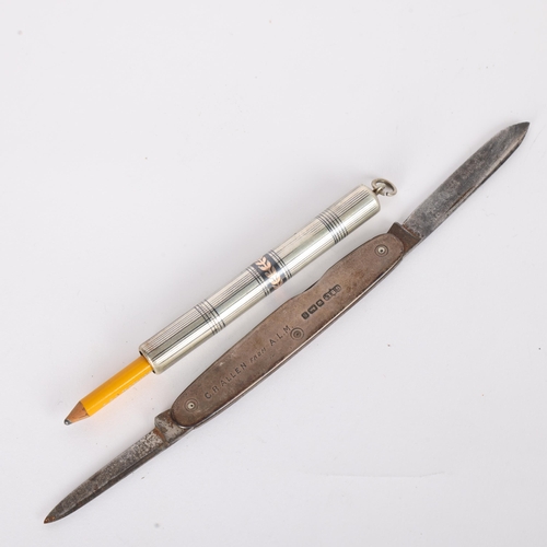 1549 - An Antique French silver niello and gold propelling pencil, 8cm, and a silver penknife (2)