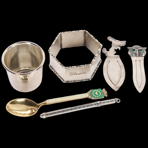 1550 - Various silver, including Danish dog bookmark, cocktail swizzle stick, hexagonal napkin ring, silver... 