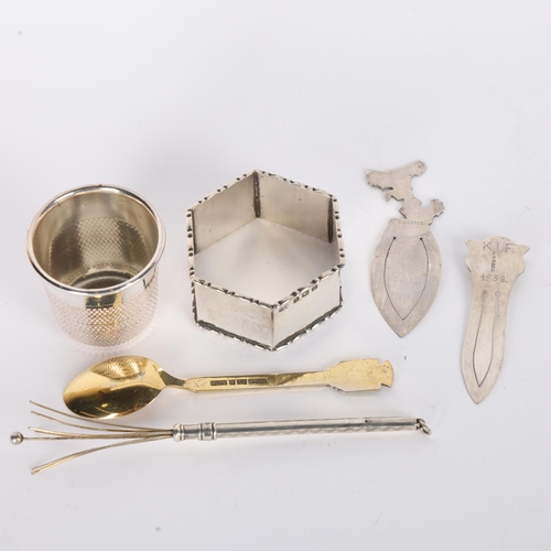 1550 - Various silver, including Danish dog bookmark, cocktail swizzle stick, hexagonal napkin ring, silver... 