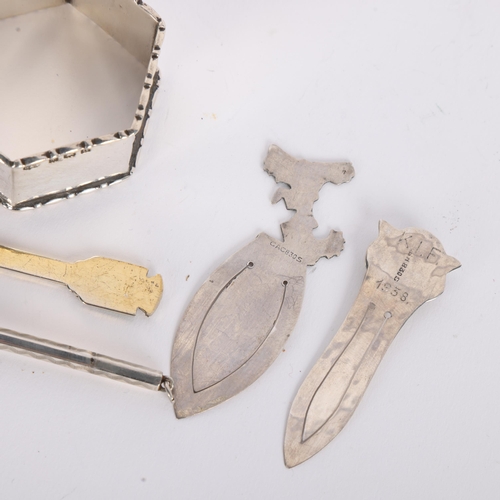 1550 - Various silver, including Danish dog bookmark, cocktail swizzle stick, hexagonal napkin ring, silver... 