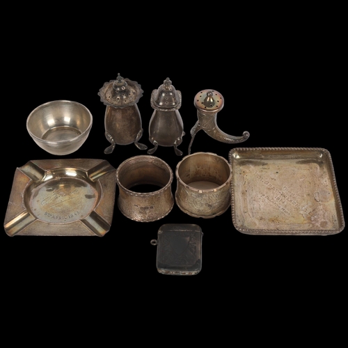 1553 - Various silver, including Norwegian sterling cornucopia pepperette, cigarette tray, napkin rings, et... 