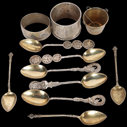 1555 - Various silver, including niello napkin ring, Chinese teaspoons, tea strainer, etc, 5.5oz total