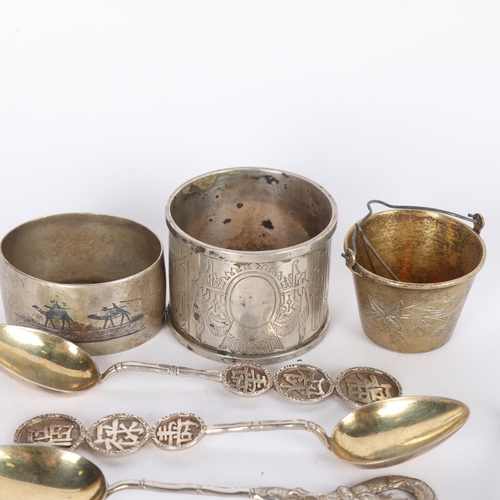 1555 - Various silver, including niello napkin ring, Chinese teaspoons, tea strainer, etc, 5.5oz total