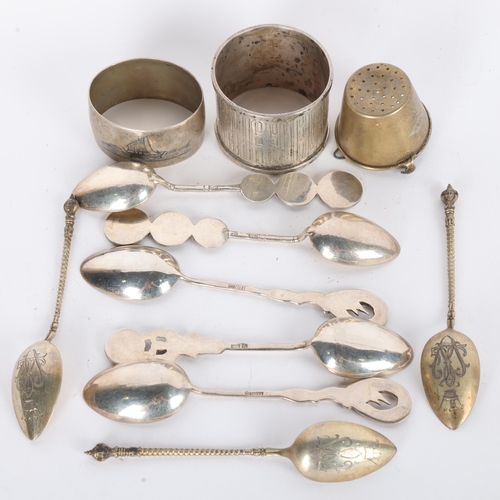 1555 - Various silver, including niello napkin ring, Chinese teaspoons, tea strainer, etc, 5.5oz total