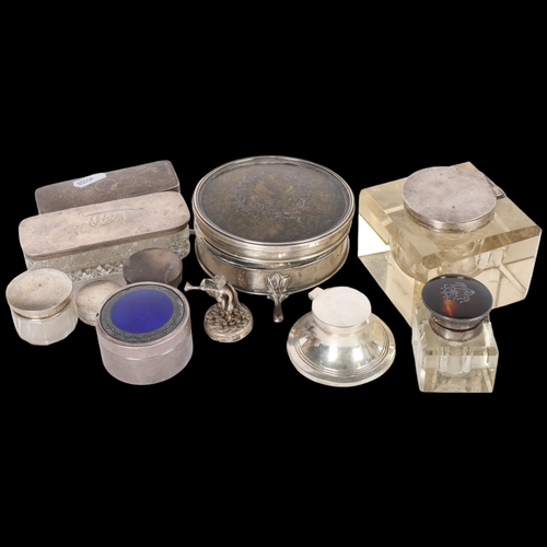 1558 - Various silver, including tortoiseshell dressing table box, large glass inkwell, etc