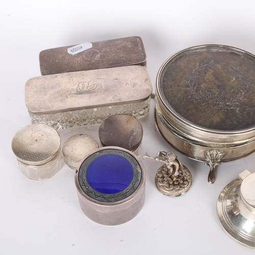 1558 - Various silver, including tortoiseshell dressing table box, large glass inkwell, etc