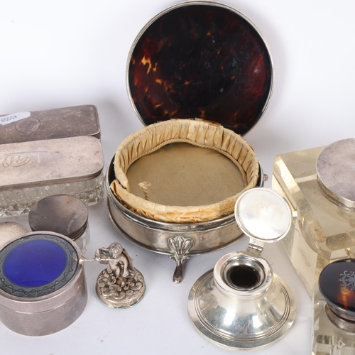 1558 - Various silver, including tortoiseshell dressing table box, large glass inkwell, etc