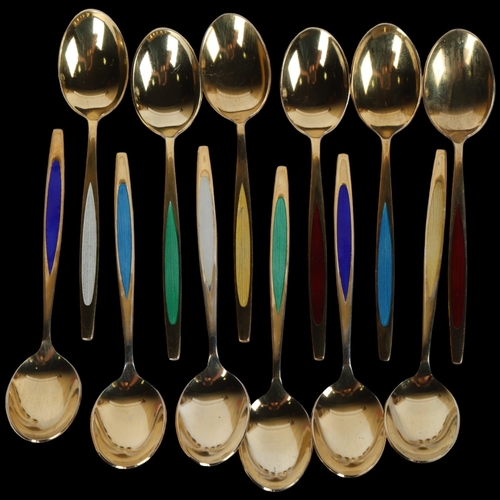 1560 - MEKA - a set of 12 Danish vermeil sterling silver and harlequin enamel coffee spoons, 9cm, 3.3oz tot... 