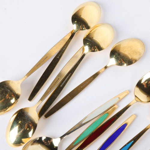 1560 - MEKA - a set of 12 Danish vermeil sterling silver and harlequin enamel coffee spoons, 9cm, 3.3oz tot... 