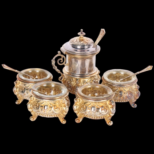 1565 - ALBERT FRERES - A Continental 800 parcel-gilt silver 5-piece cruet set, comprising mustard pot, 4 sa... 