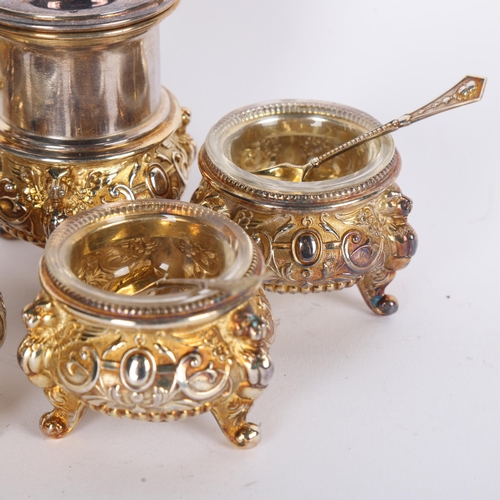 1565 - ALBERT FRERES - A Continental 800 parcel-gilt silver 5-piece cruet set, comprising mustard pot, 4 sa... 