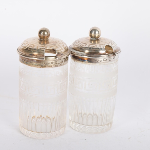 1568 - A pair of Victorian silver-mounted etched glass mustard pots, William Padley & Son, no Sheffield dat... 